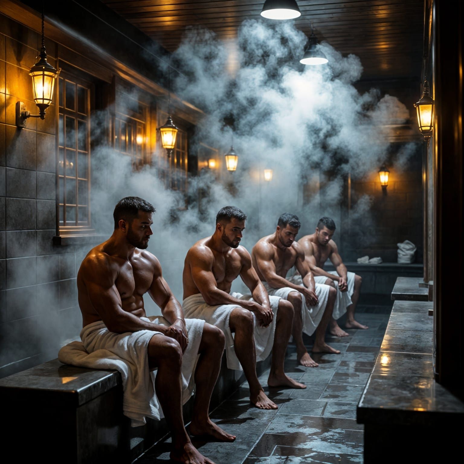 Atmospheric Russian Bathhouse with Golden Lamplight