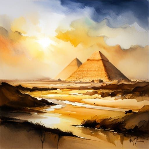 Egyptian Pyramids in Watercolor with Splattering Techniques