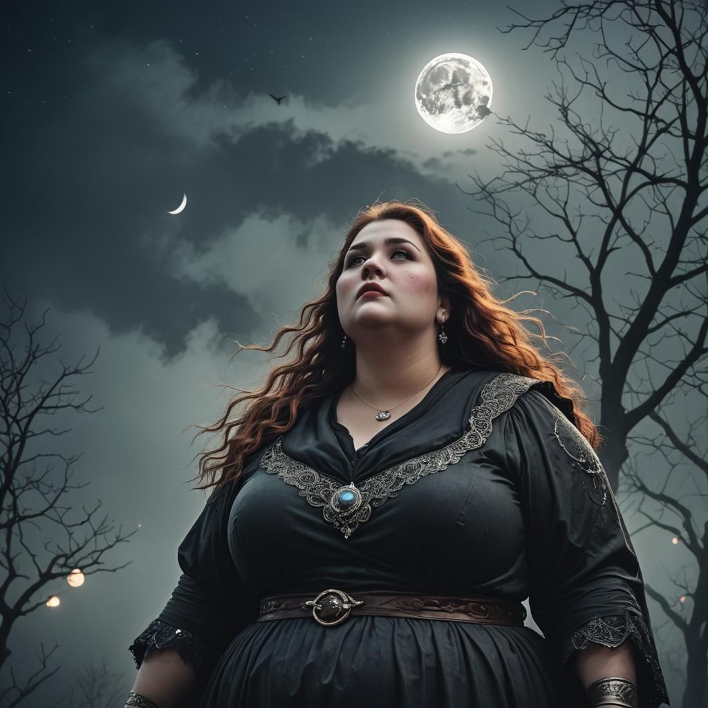 Fantasy Women Gazing at Moon in Fog