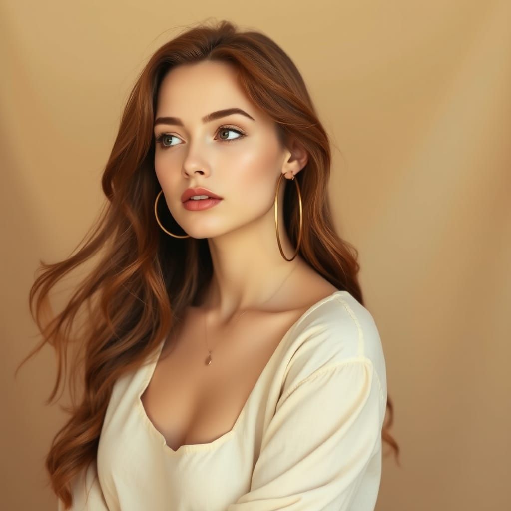 A soft, ethereal portrait photograph captures a young woman with long, flowing auburn hair styled in loose, romantic cur...