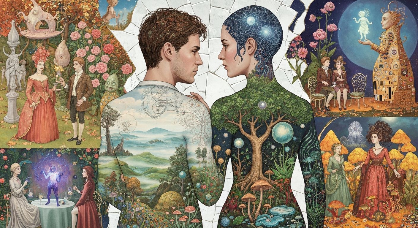 Surreal Garden Party with Cosmic and Nature Elements