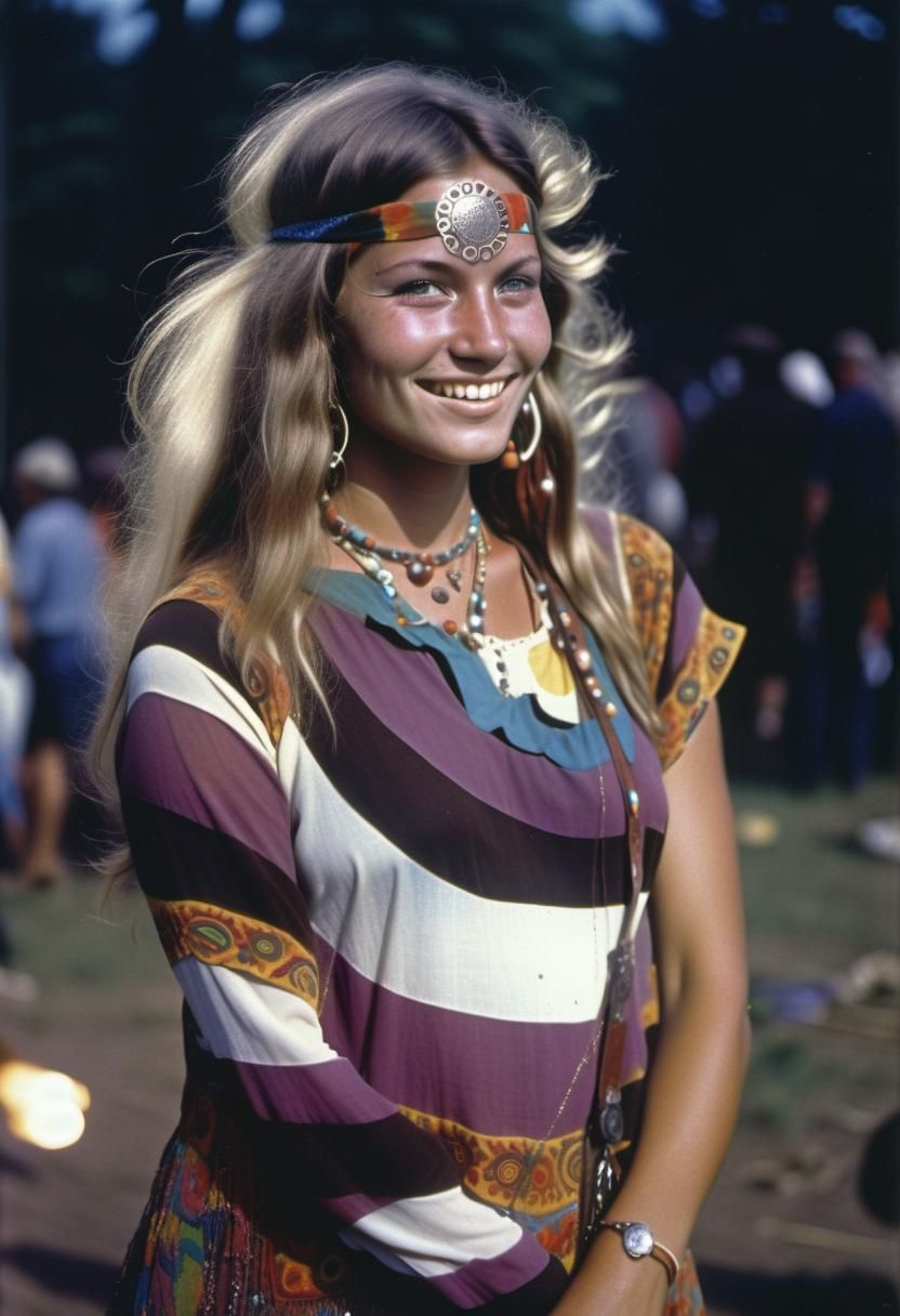Young Woman at Woodstock Festival, Aged Photograph