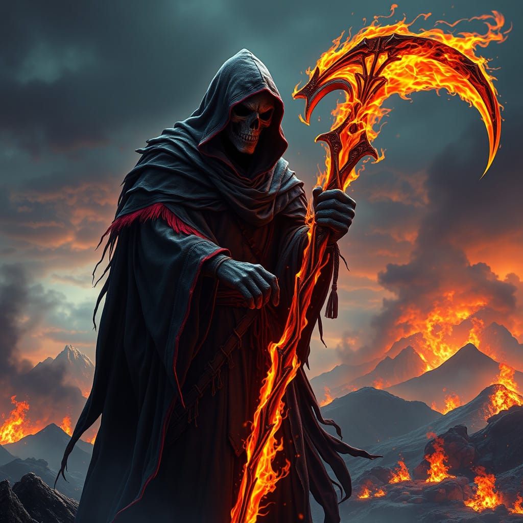 Heroic Fire Grim Reaper Against Burning Skies