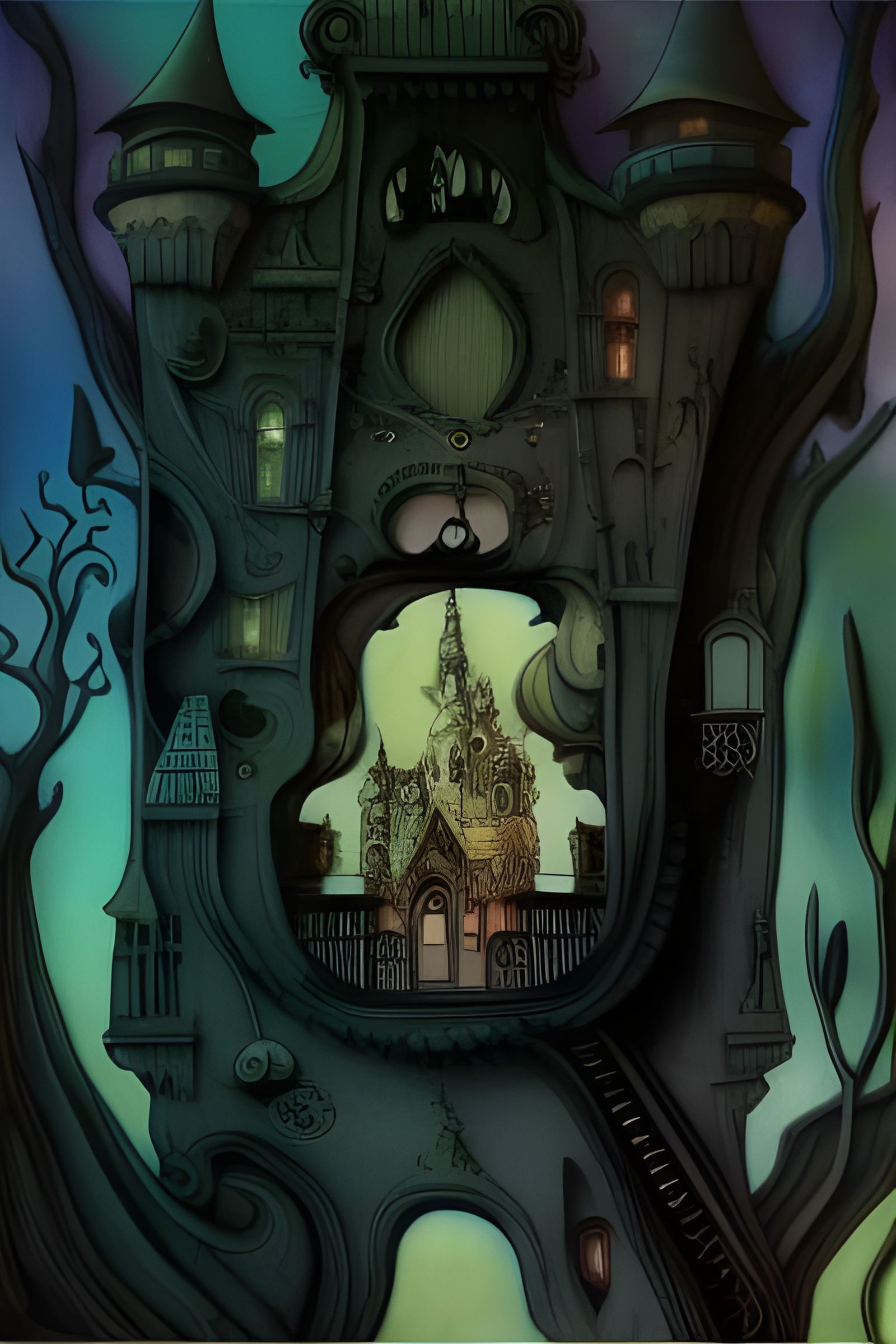 Intricate Fairytale Castle Illustration in Surreal Style