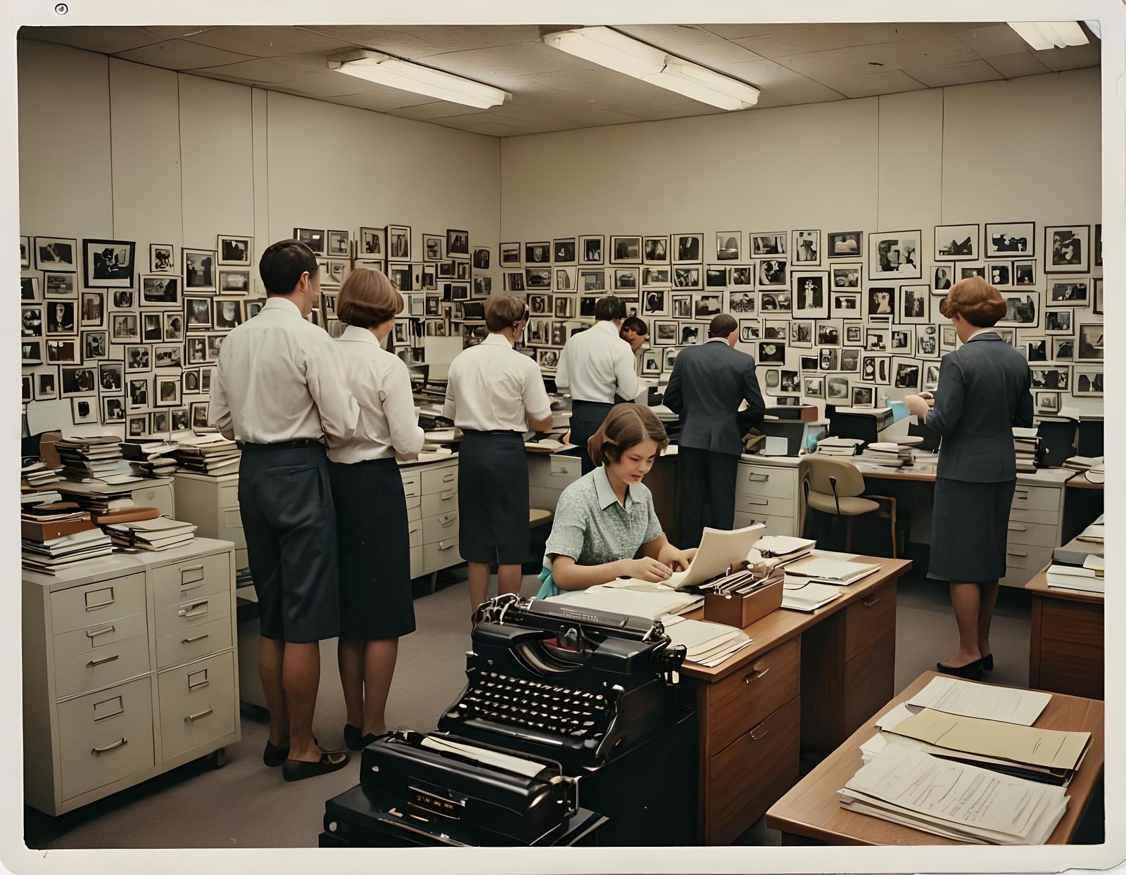 Vintage 1960s Office Scene with Instant Photo Border