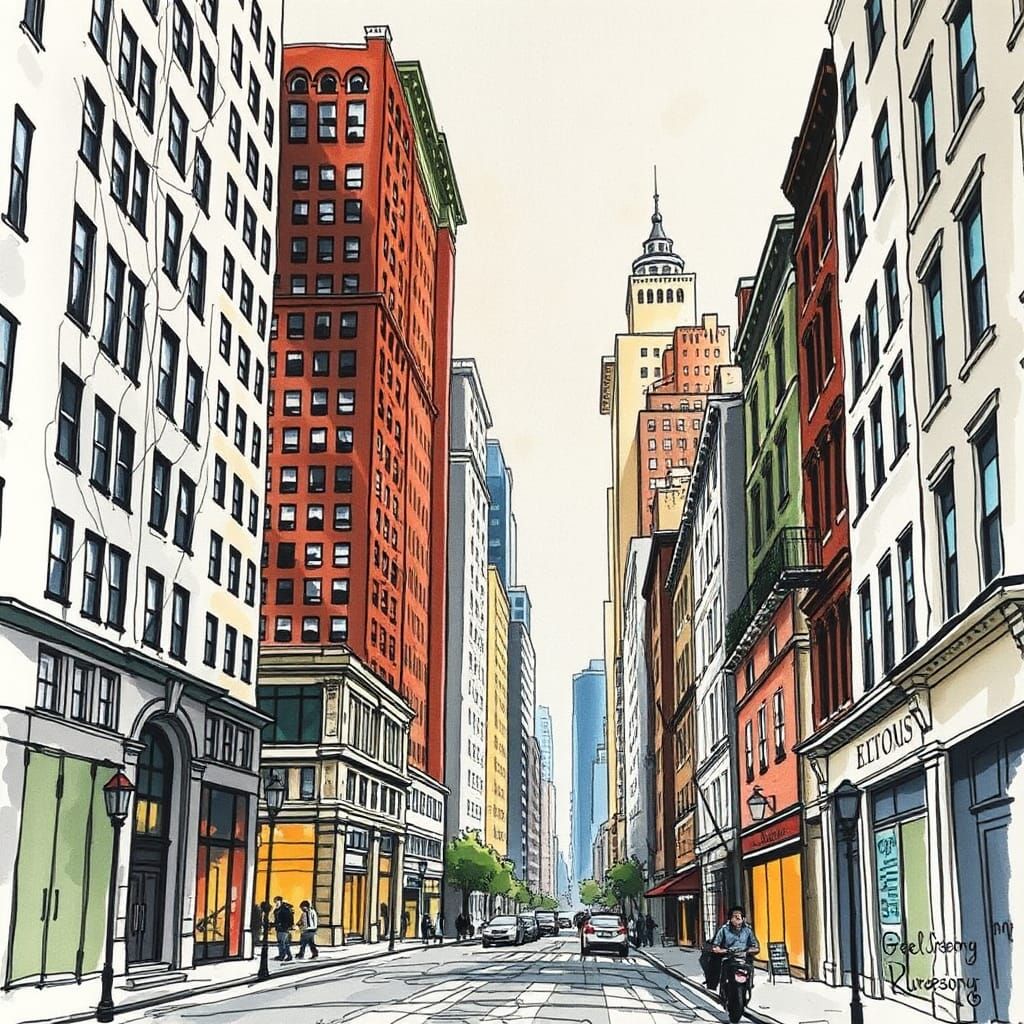 Detailed Cityscape in Alcohol Ink Style