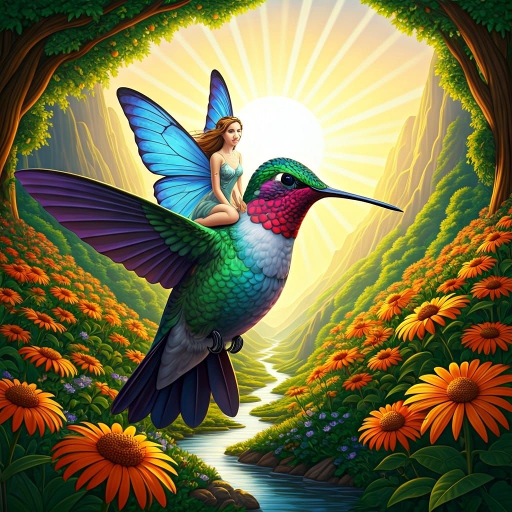 Fairy and Hummingbird Ride Over Floral Valley