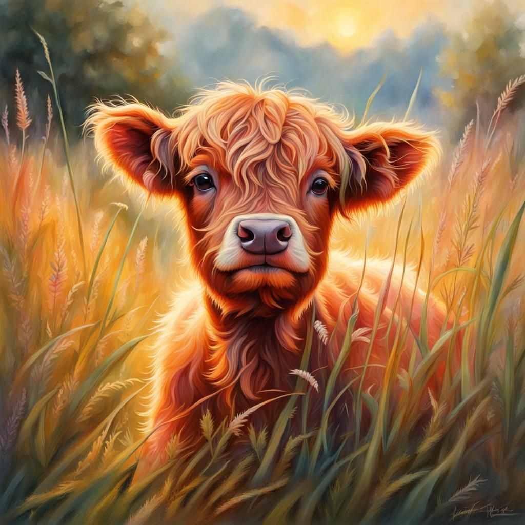 Playful Highland Calf in Tall Grass: Hyperrealistic Painting