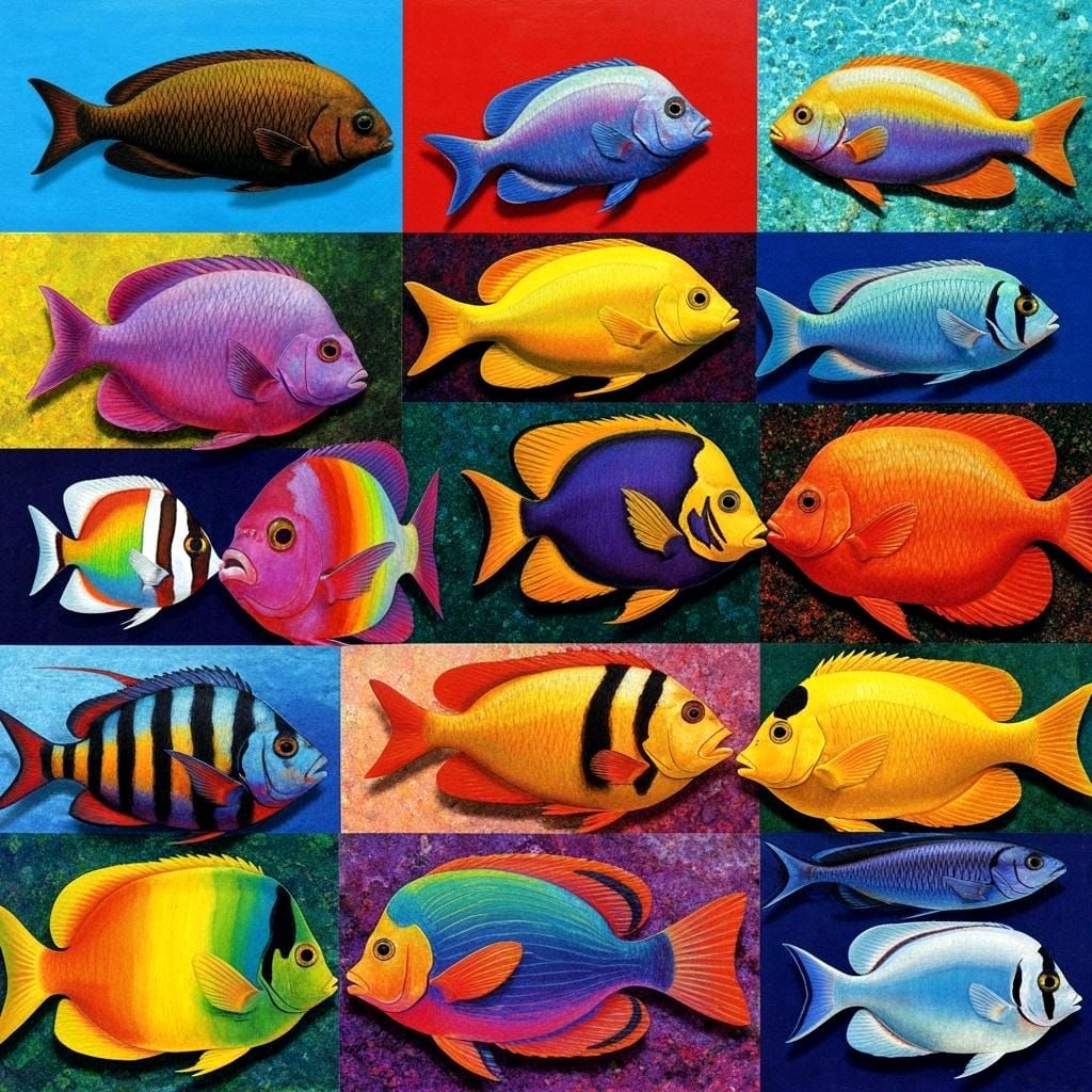 Vibrant Rainbow Tropical Fish Collage