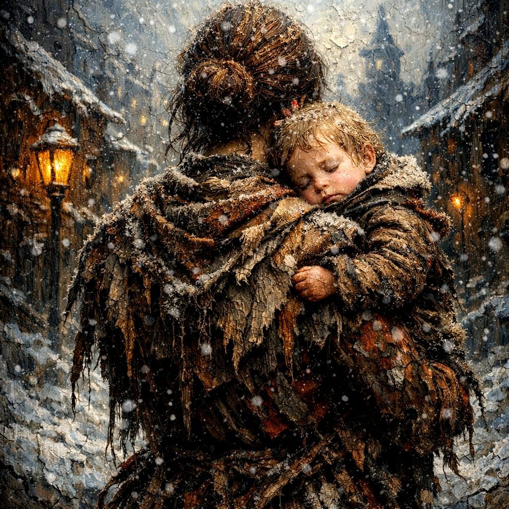 Mother and Child in Surreal Snowy Town Painting