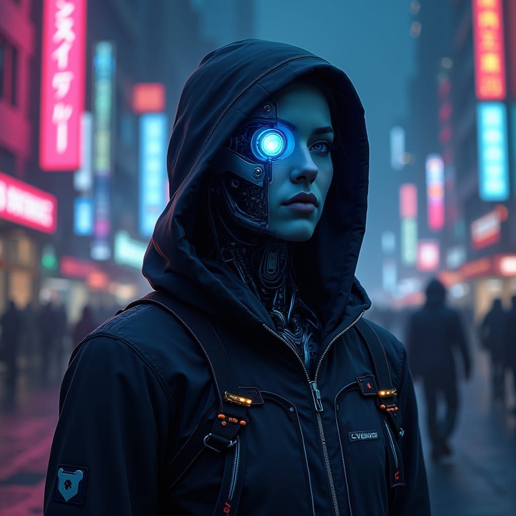 Cybernetic Portrait: Half Human, Half Robot in Neon City