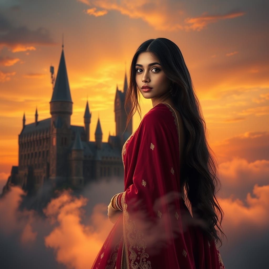 Young Woman in Burgundy Lahenga Against Hogwarts Castle at S...