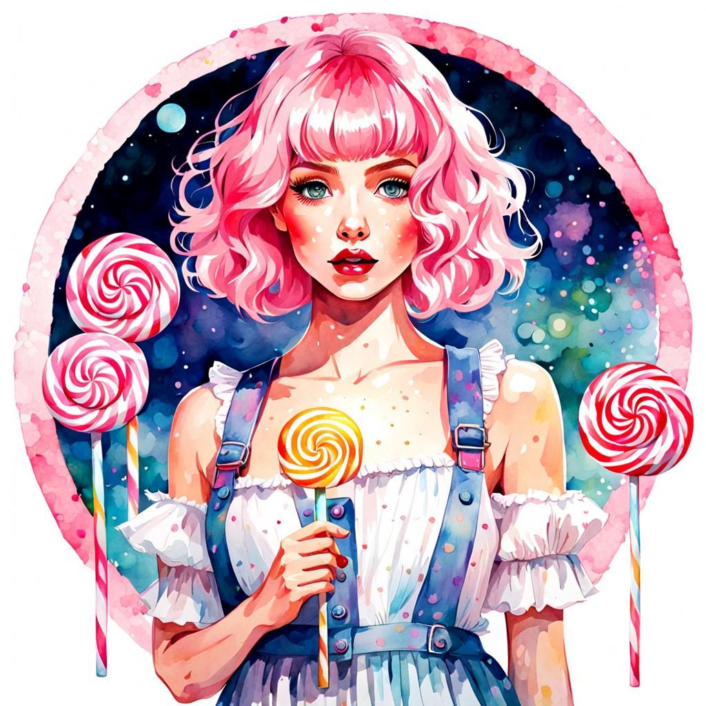 Girl with Lollipop in Hyperrealistic Watercolor Style