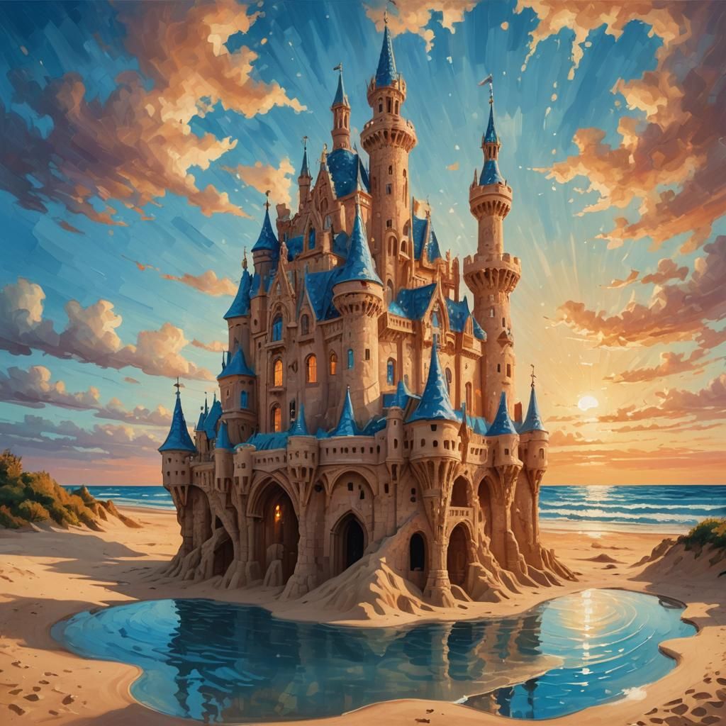 Surreal Sandcastle with Glowing Moat in Oil Painting Style