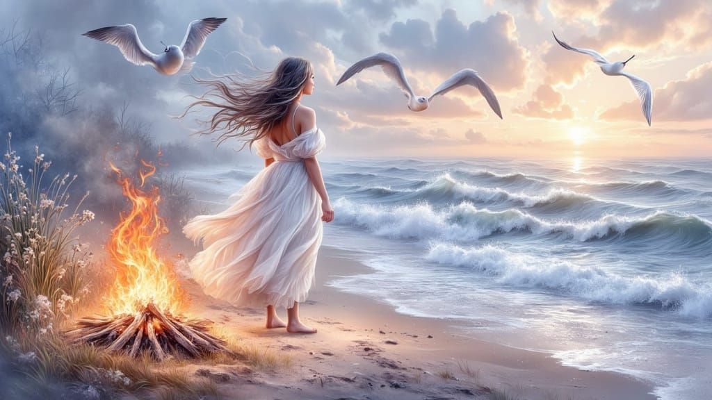 Her bonfire is a ritual of release—burning old letters, burn...