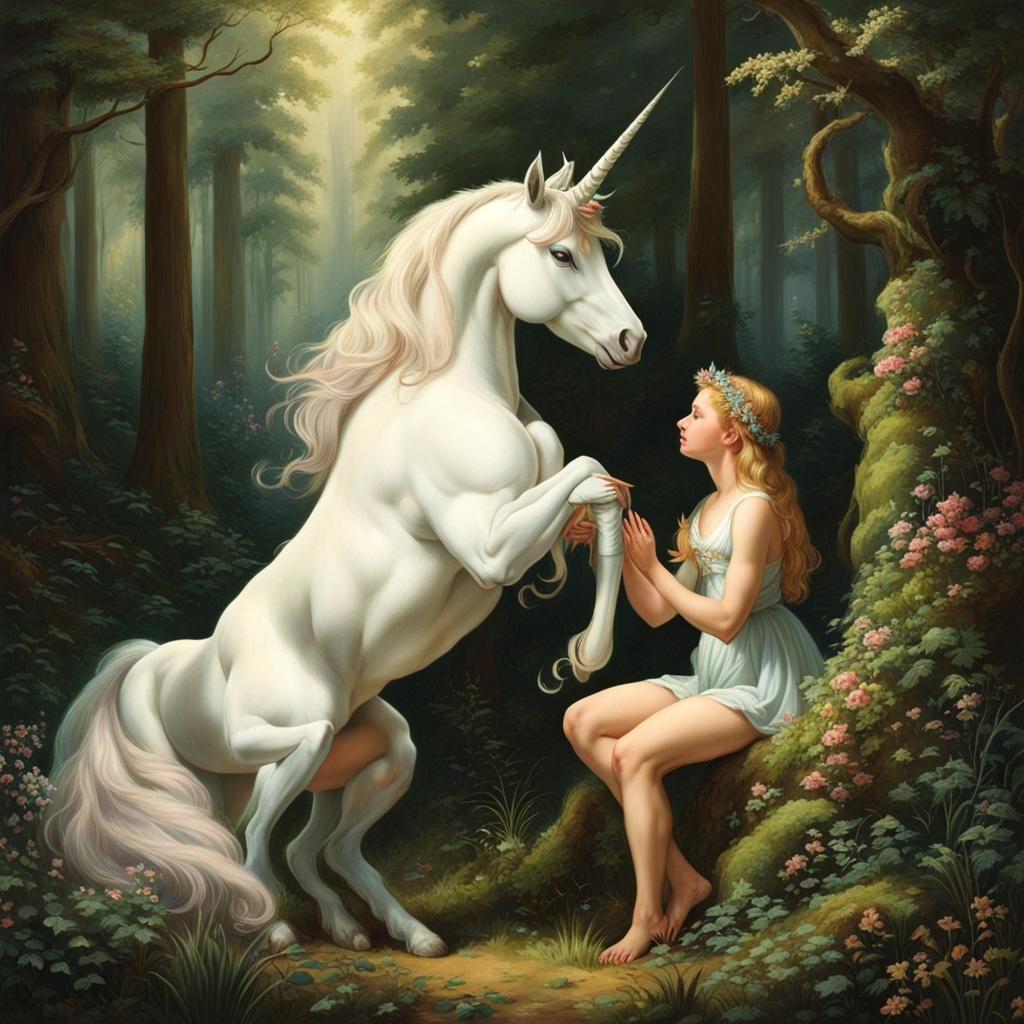 Unicorn and Maiden in Enchanted Forest