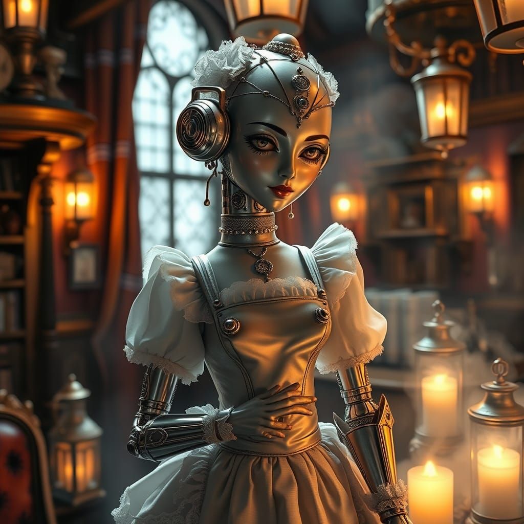 Steampunk Robot Bartender in Medieval Pub
