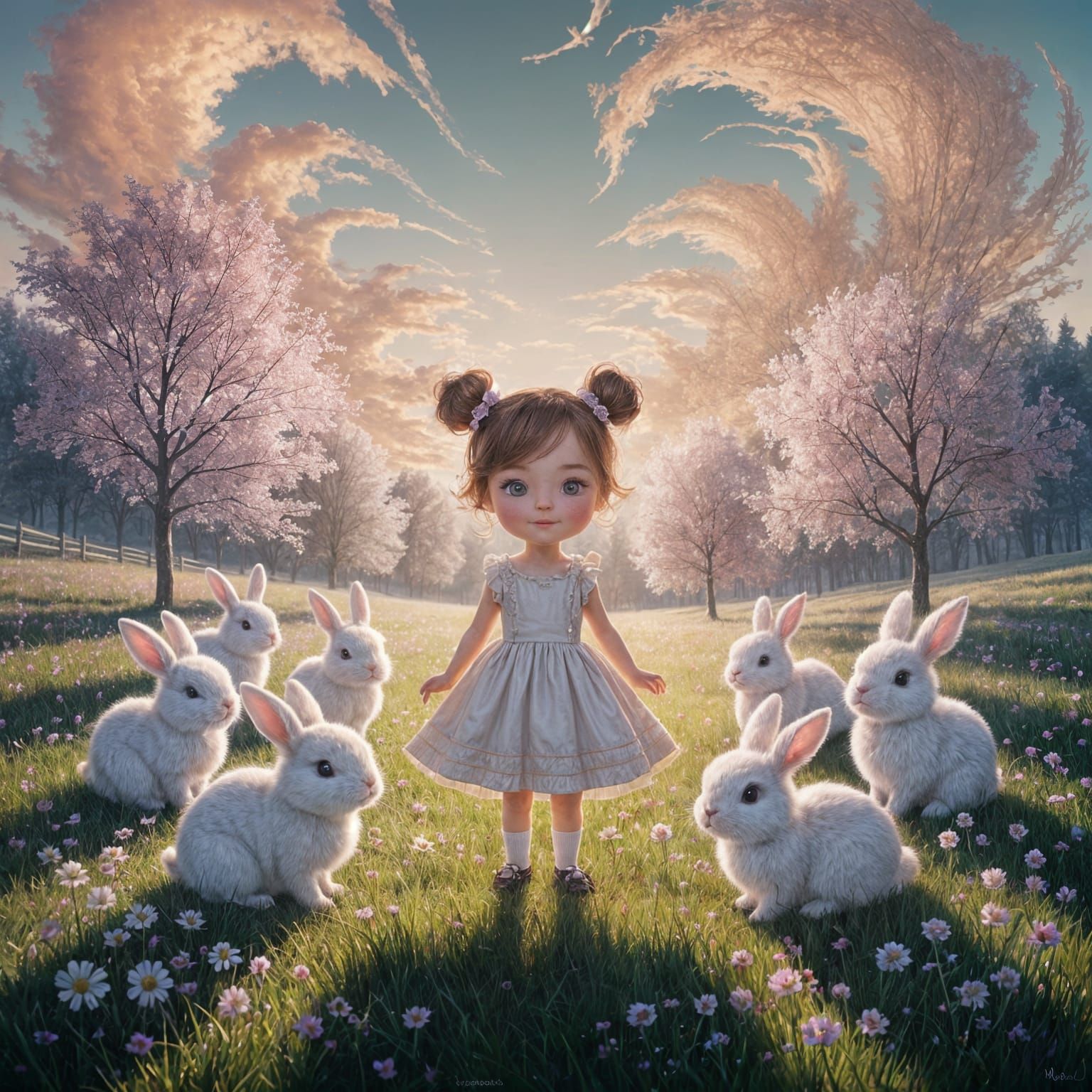 Girl with Bunnies in Ethereal Impressionistic Landscape