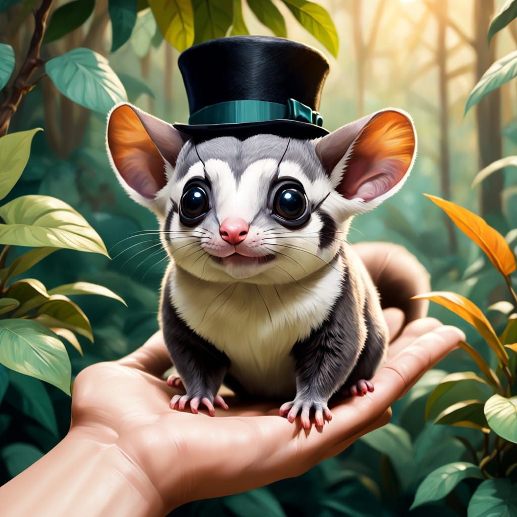 Chubby Sugar Glider in Top Hat Perches on Human Hand