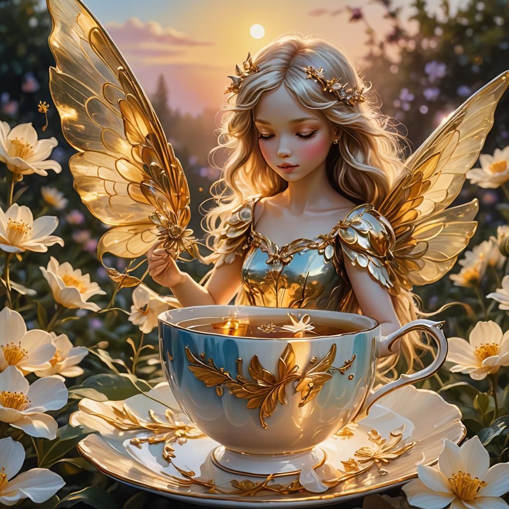 Golden Winged Fairy Perched on Flower at Sunset