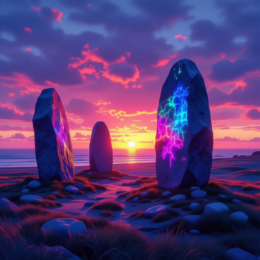 Psychedelic Menhirs on Breton Expanse at Sunset