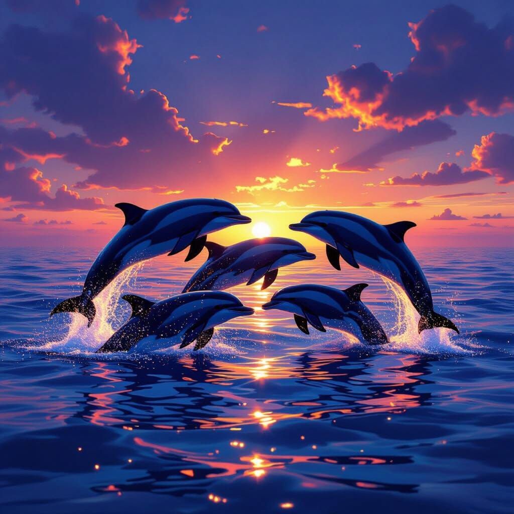 Dolphins Play in Bioluminescent Ocean at Sunset