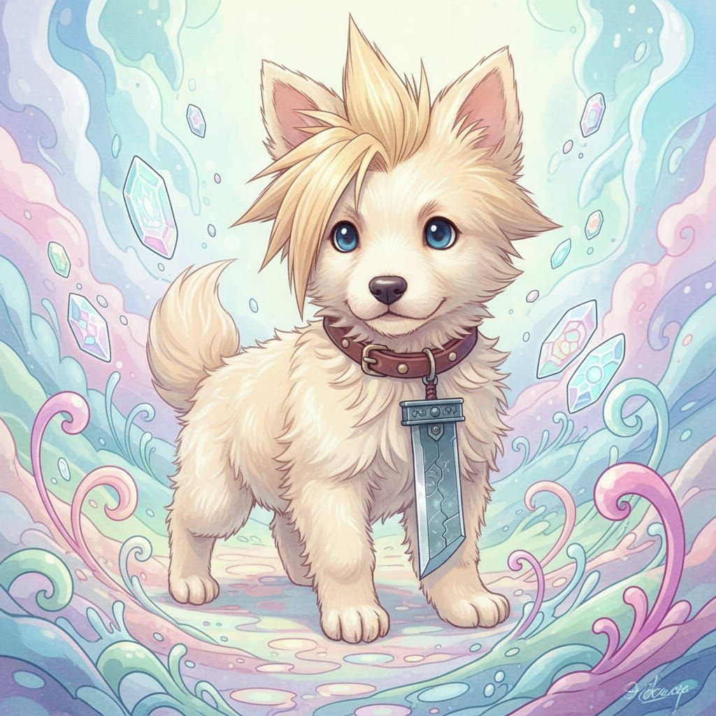 Cloud Strife as a Cute Puppy in Vibrant Style