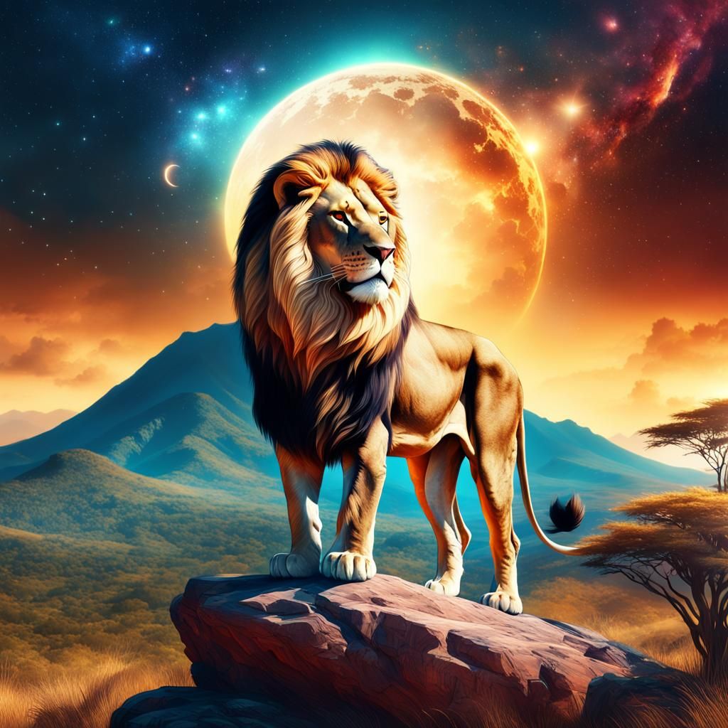Lion Overlooking Savannah Kingdom with Universe Backdrop