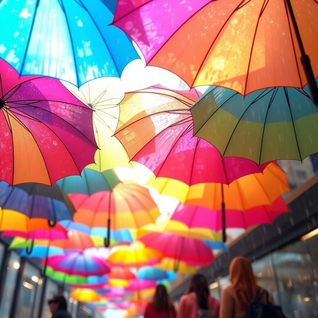 Vibrant Rain Umbrellas Shield Pedestrians in a Kaleidoscope....