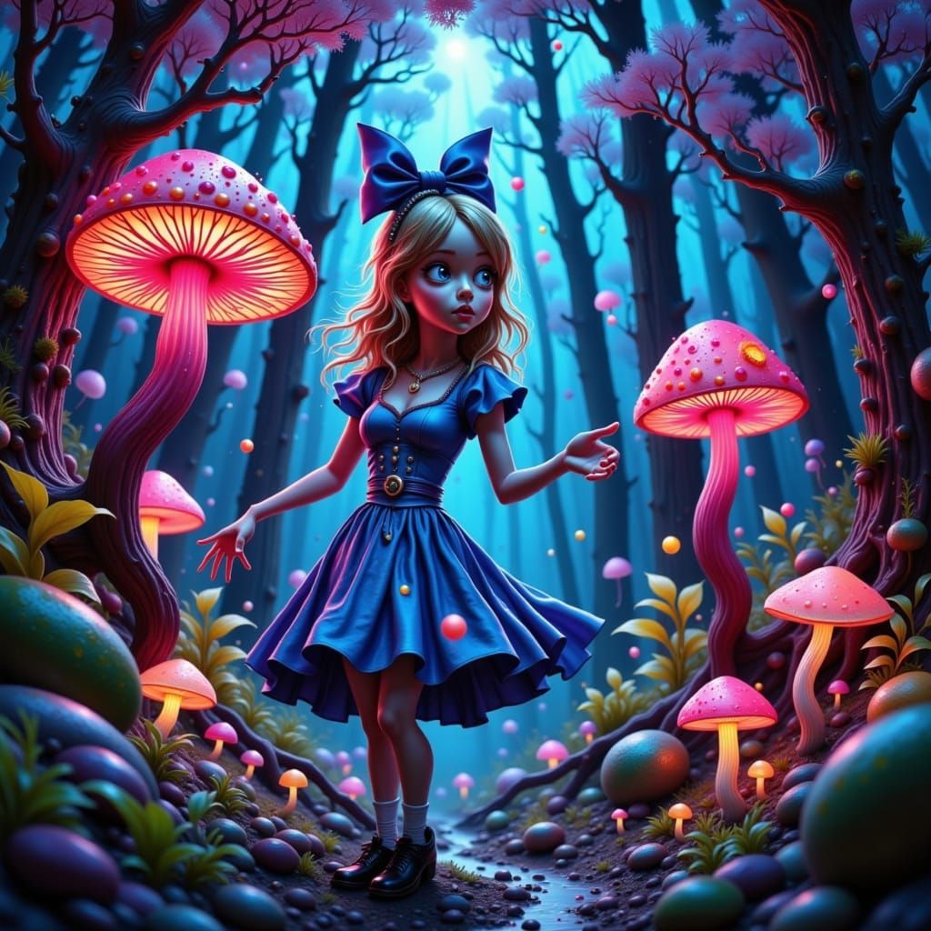 Fanciful Fae in a Dreamlike Forest of Neon Mushrooms