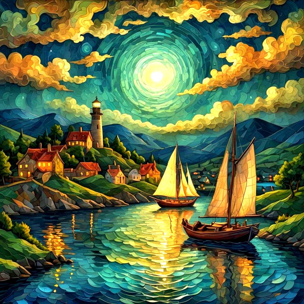 Sailboat at Night: Impasto Painting with Village Lighthouse