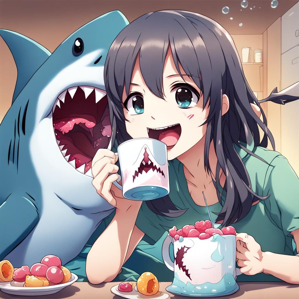 Cute Anime Shark Girl Eating Jelly