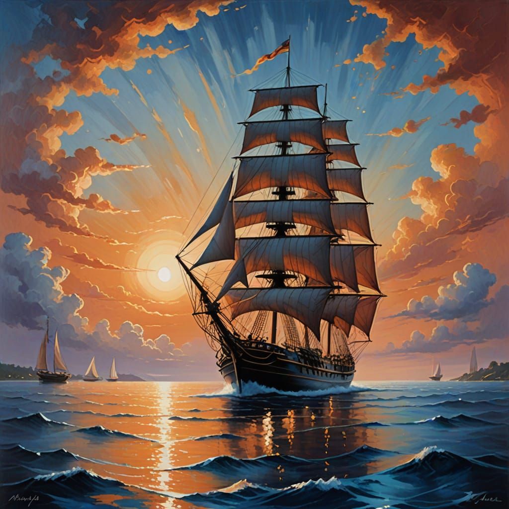 Majestic Windjammer Sails on Enchanted Waters at Sunset