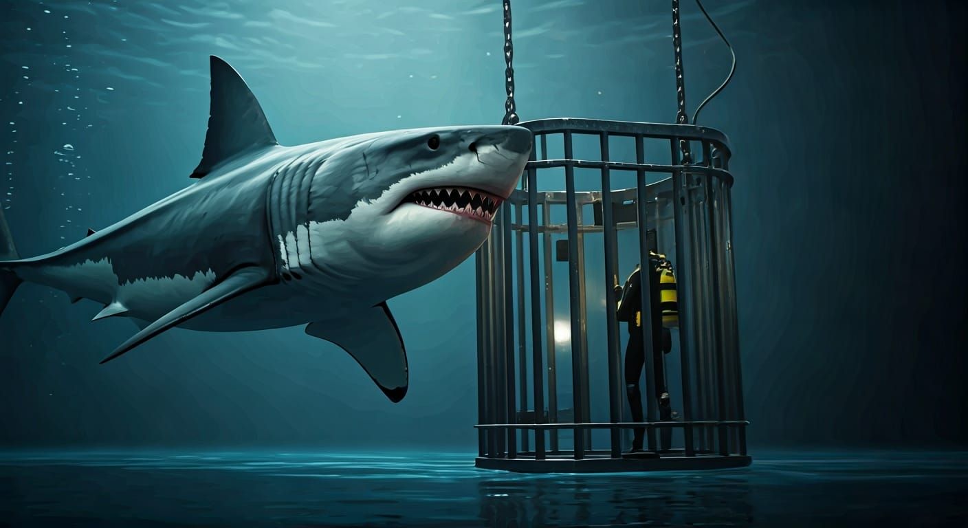 Great White Shark and Diver: Hyperrealistic Action Painting