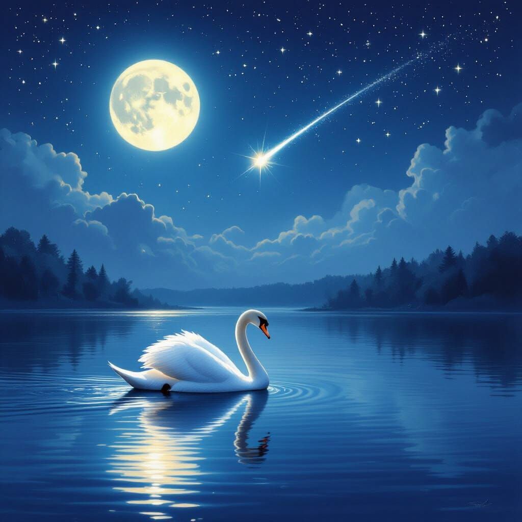 Swan on Lake Under Full Moon and Shooting Star, Romantic Sty...