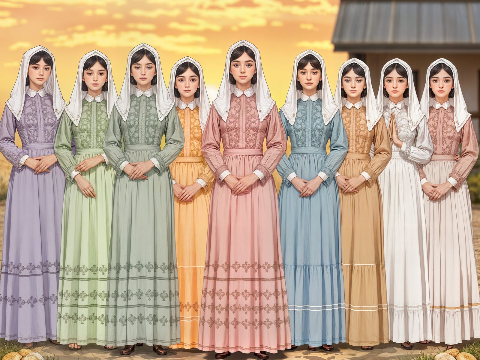 Serene FLDS Women in Pastel Hued Prairie Dresses