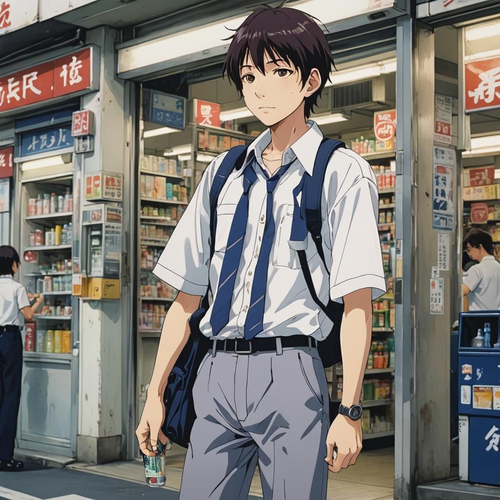 Japanese Boy Exits Store in Lain-Inspired Anime Style