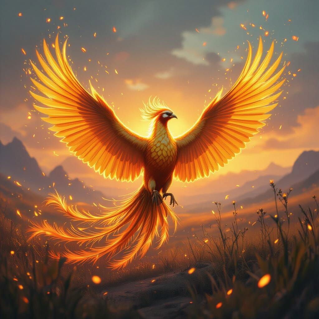 Majestic Golden Phoenix in Dreamlike Landscape