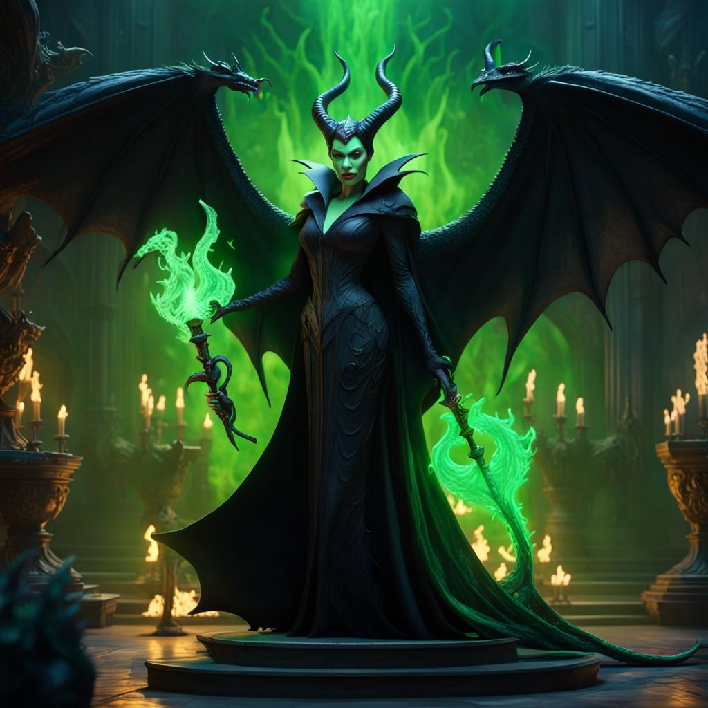 Maleficent with Dragon and Green Flames, Dark Fantasy Art