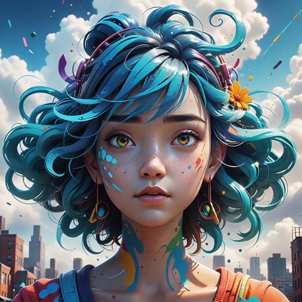 Whimsical Cloud Goddess Floats in Majestic Fantasy City