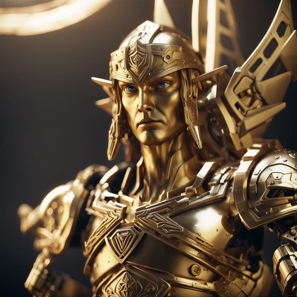 Gold Link Statue with Mech Details in Sci-Fi Style