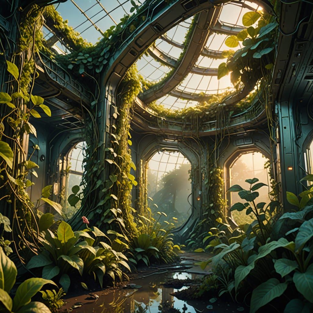 Overgrown Garden Inside Derelict Spaceship in Sci-Fi Style