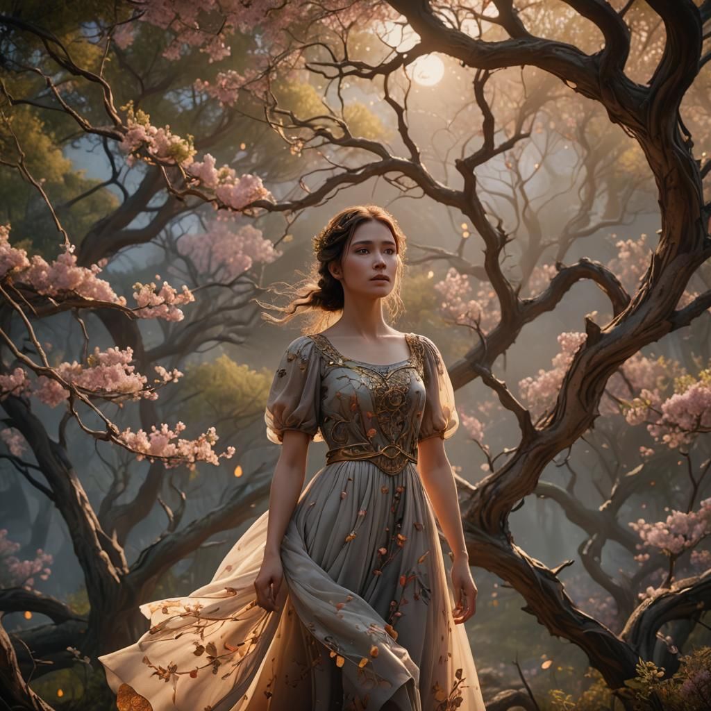 Fantasy Landscape with Whimsical Girl in Pale Blue Dress