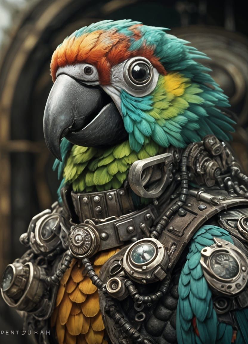 Dieselpunk Portrait of a Hyperdetailed Parrot