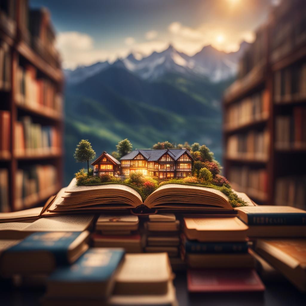 Mysterious Old Bookstore in Open Book, Macro Photography