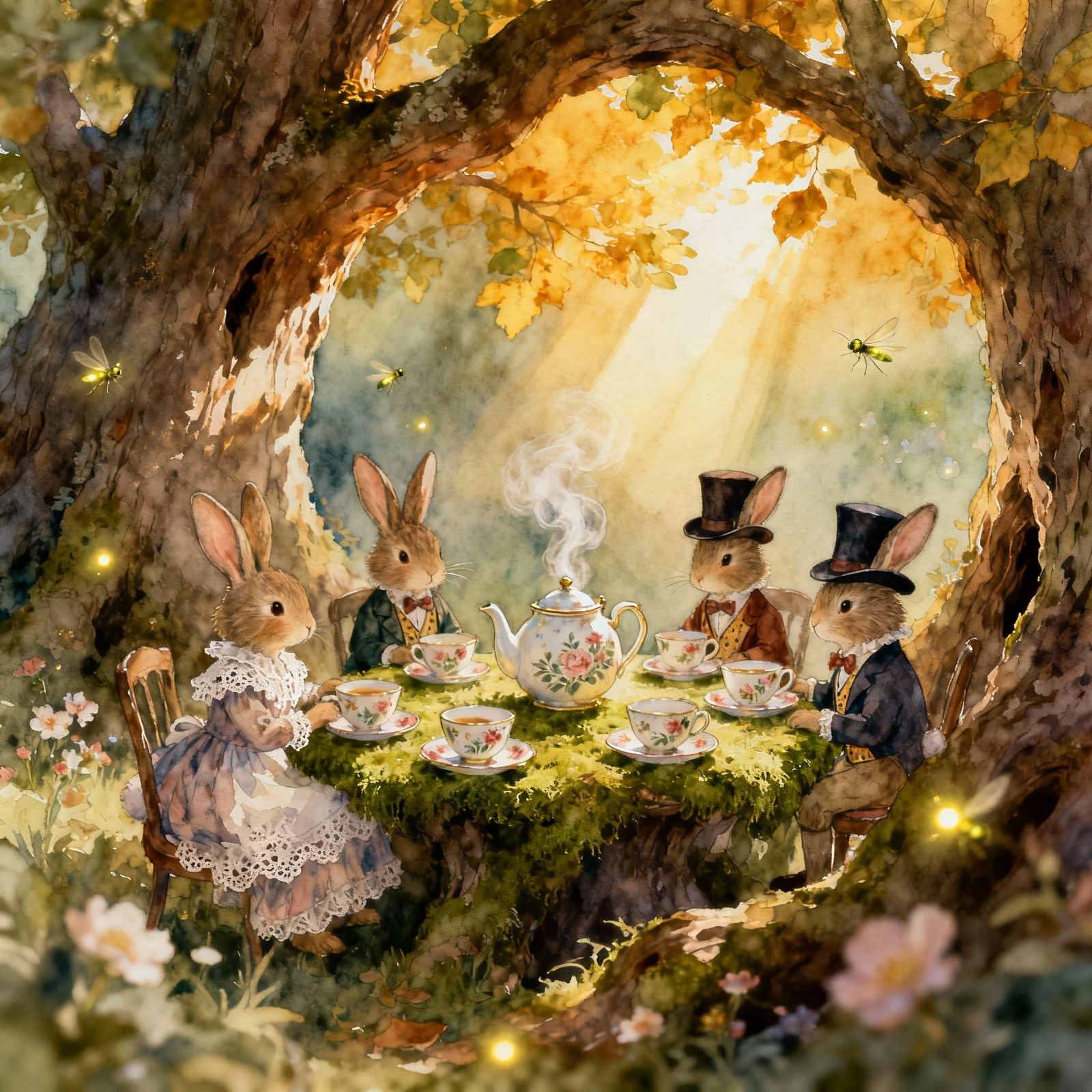 Whimsical Rabbits' Victorian Tea Party in a Tree