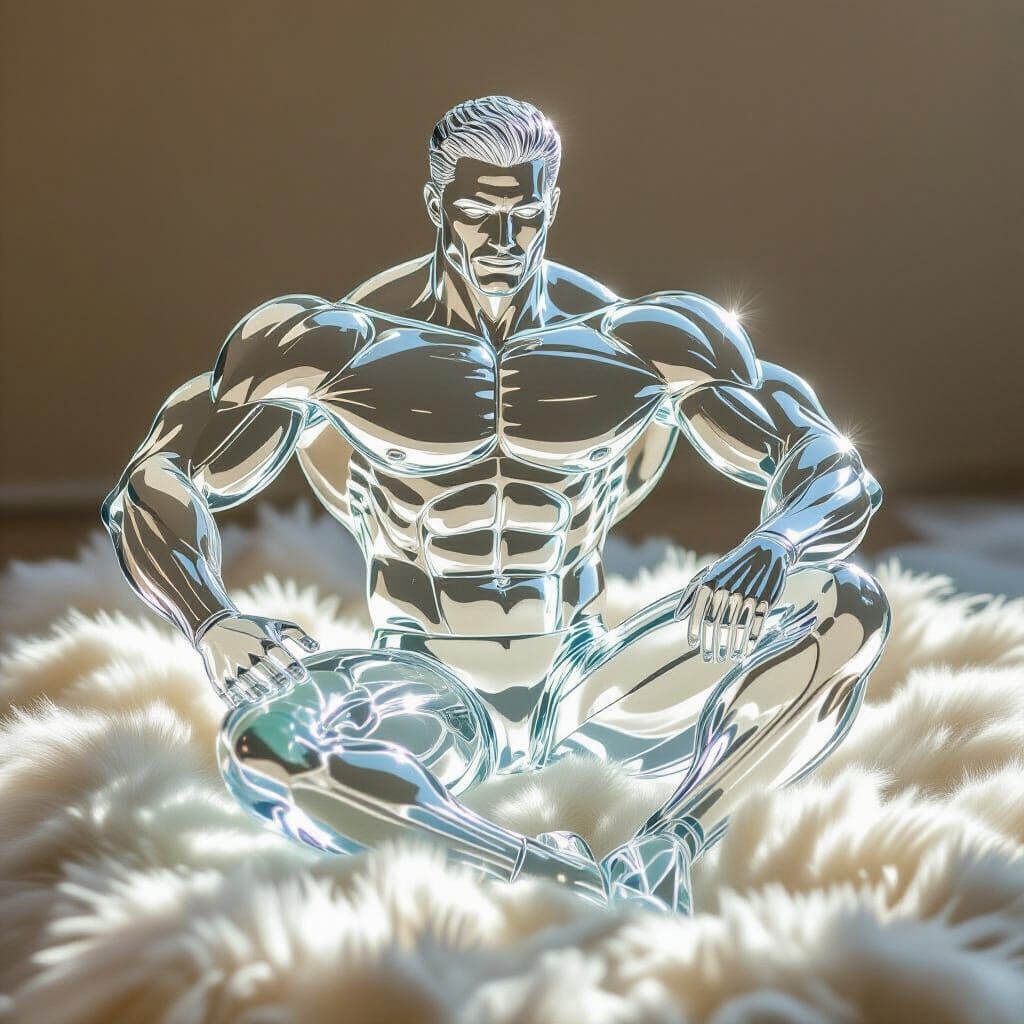 Crystal Glass Muscular Man Posing in Intense Detail