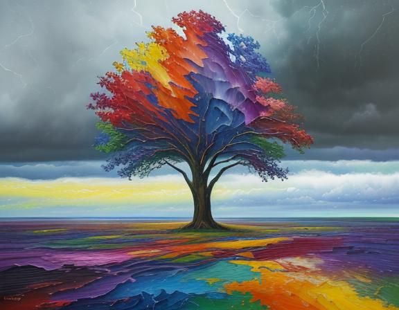 Stormy Sky: Neo-Impressionist Tree in Expressionist Oil