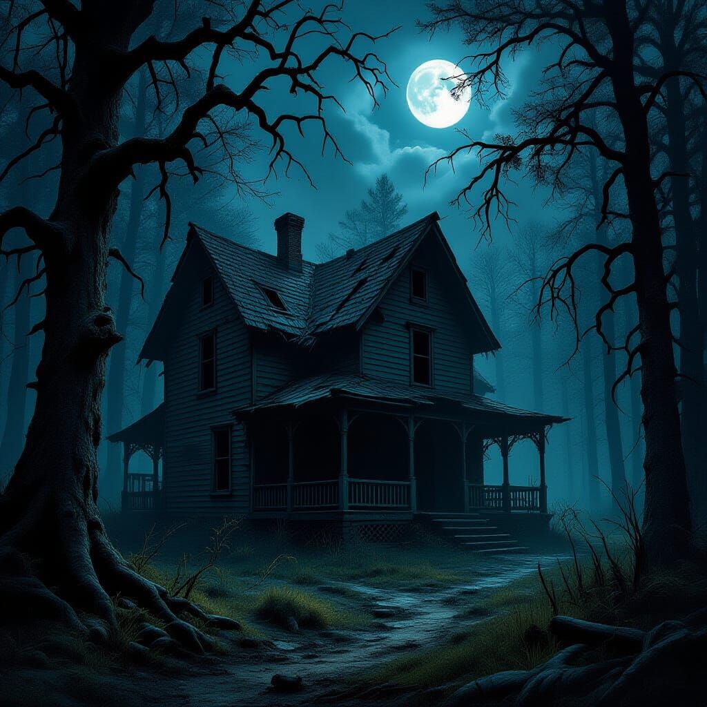Eerie Abandoned House in Moonlit Dark Forest