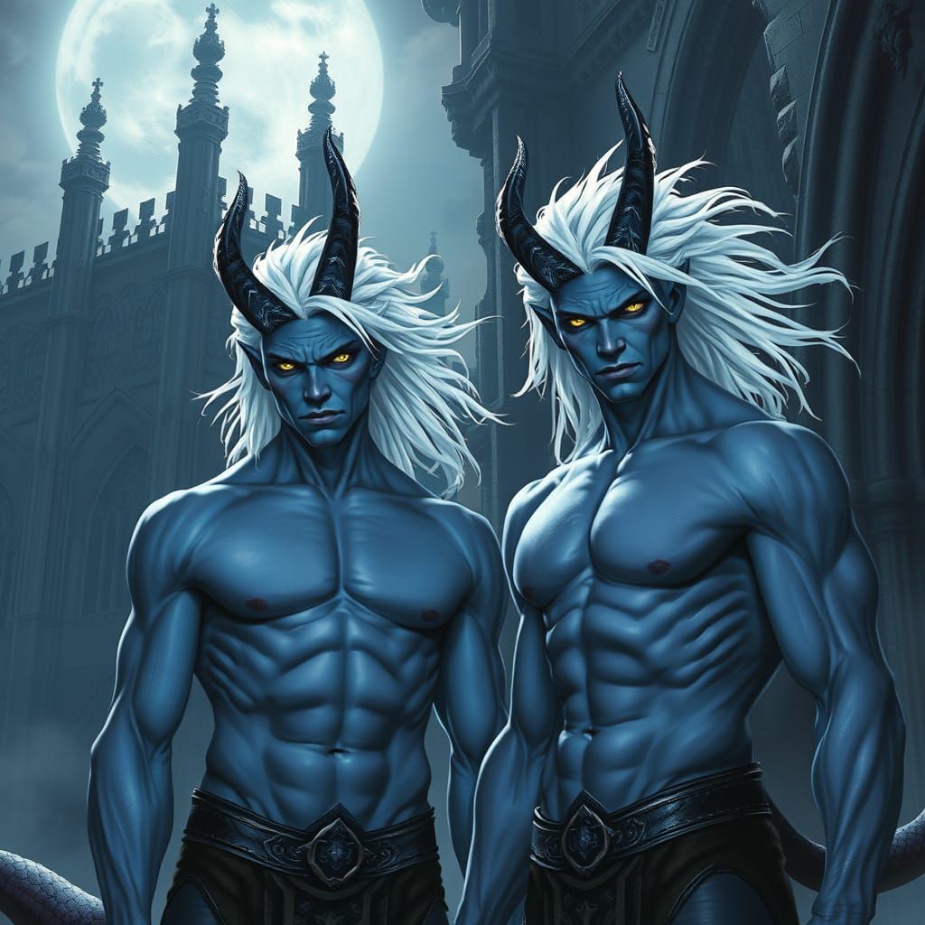 Blue Demons in Gothic Ruins, Cinematic Lighting